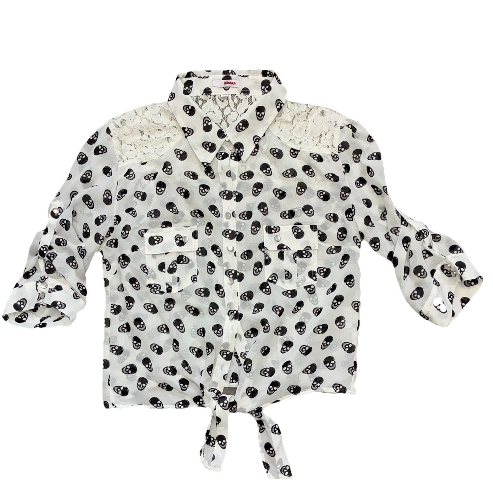 Bongo Skull Blouse L White Tie Front Lace Shoulder Crop Goth Alt Nerd Office Y2K